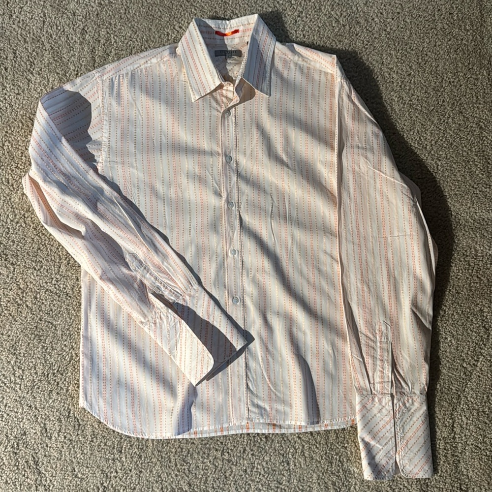 Ted Baker London White Dress Shirt with Peach and Light Blue Stripes